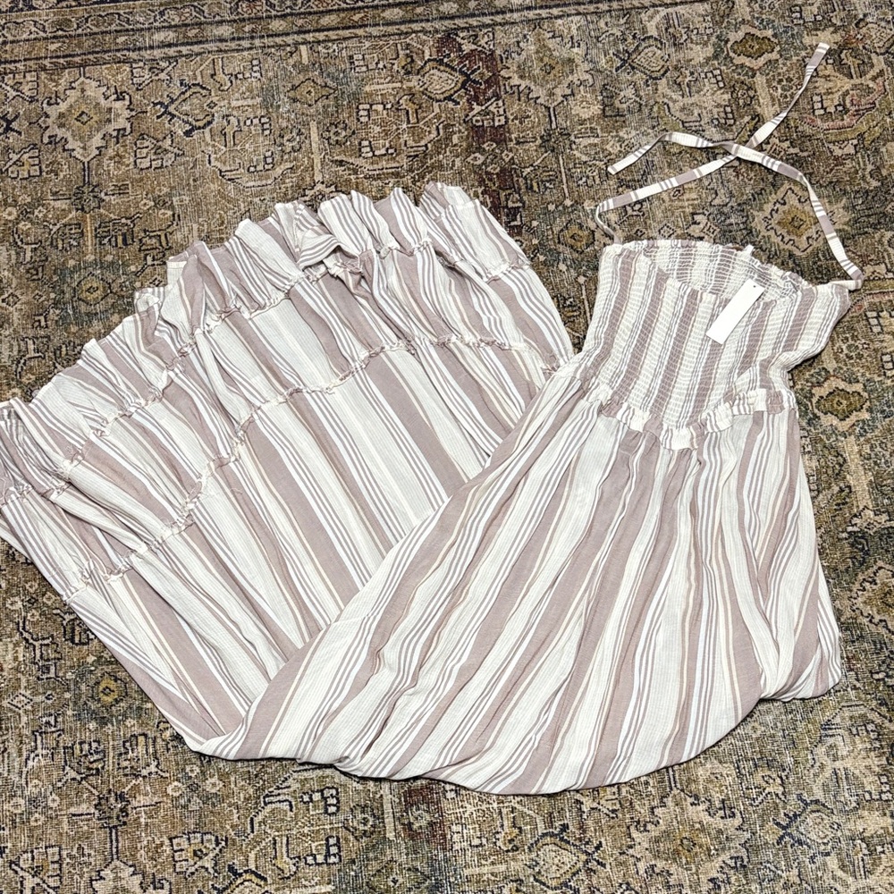 Olivaceous Striped Maxi Dress in Cream and Tan